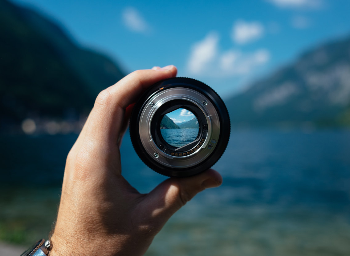 camera lens being held in a way one can look inside and see the shutter